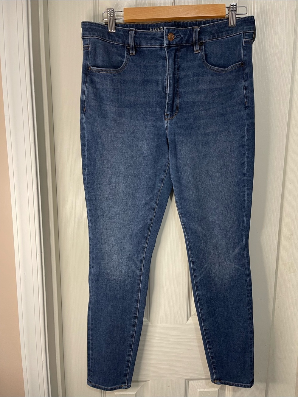 American Eagle Super High Rise Blue Denim Jeggings Stretch Skinny Jean size 12